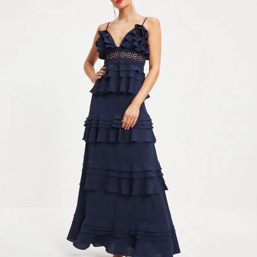Navy Blue Maxi Ruffle Floral Dress